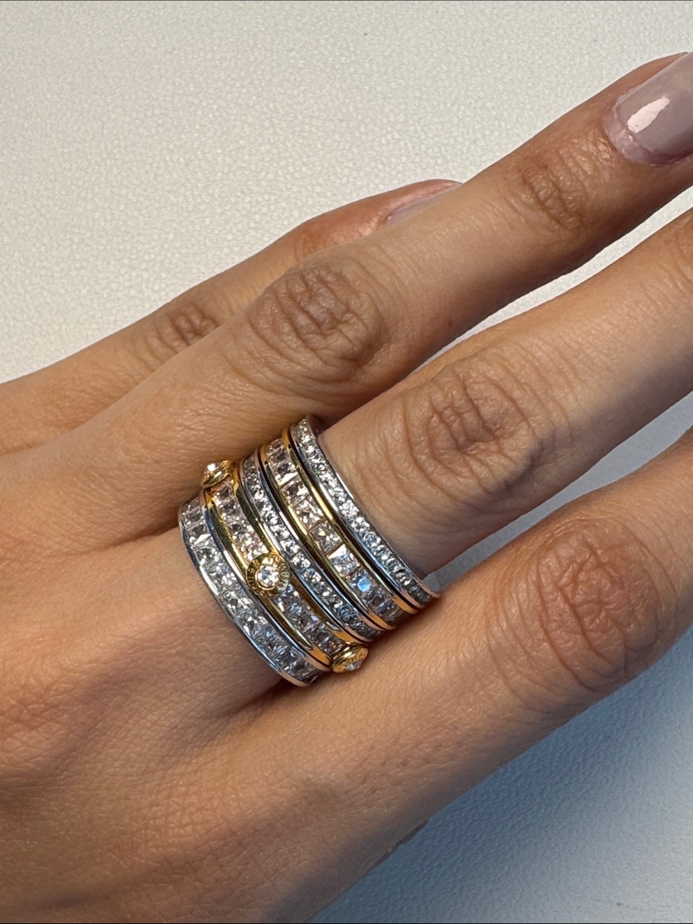 Henri Bendel Stacked Two-Tone CZ Pavé Band attached Ring- Gold & Silver